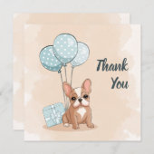 可愛いフランスのブルドッグ子犬ブルーバルーンベビーシャワー サンキューカード (正面/裏面)