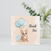 可愛いフランスのブルドッグ子犬ブルーバルーンベビーシャワー サンキューカード (スタンド正面)