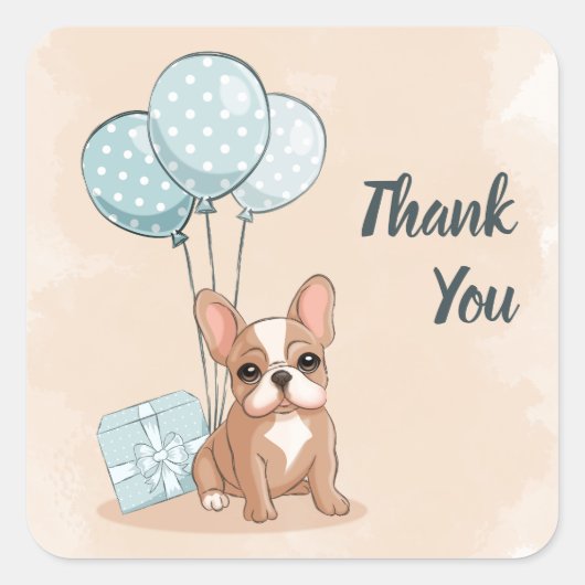 可愛いフランスのブルドッグ子犬ブルーバルーンベビーシャワー スクエアシール (正面)
