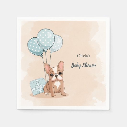 可愛いフランスのブルドッグ子犬ブルーバルーンベビーシャワー スタンダードカクテルナプキン (正面)