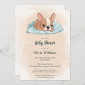 可愛いフランスのブルドッグ子犬ブルーブランケット赤ちゃんシャワー 招待状 (正面/裏面)