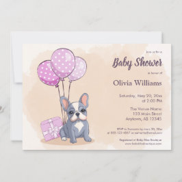 可愛いフランスのブルドッグpupピンクバルーン赤ちゃんシャワー 招待状