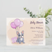 可愛いフランスのブルドッグpupピンクバルーン赤ちゃんシャワー 招待状 (スタンド正面)