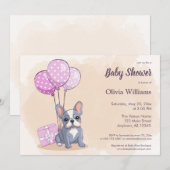 可愛いフランスのブルドッグpupピンクバルーン赤ちゃんシャワー 招待状 (正面/裏面)