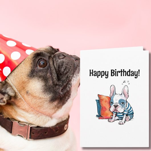 可愛いフランスの愛犬、服を着た動物、おもしろい誕生日 カード