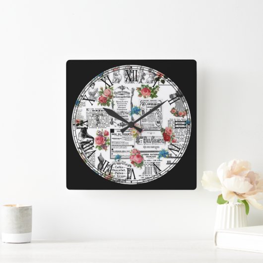 可愛いフランスの新聞ローマ数字 スクエア壁時計 (ホーム)