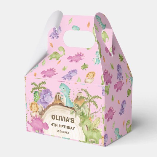 可愛いフレンドリー恐竜の女の子誕生日赤ちゃんシャワー フェイバーボックス (正面サイド)