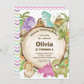 可愛いフレンドリー恐竜の女の子1st誕生日パーティー 招待状 (正面/裏面)