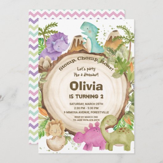 可愛いフレンドリー恐竜の女の子1st誕生日パーティー 招待状 (正面/裏面)