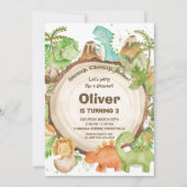 可愛いフレンドリー恐竜の少年たち1歳の誕生日パーティー 招待状 (正面)