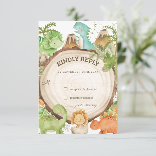 可愛いフレンドリー恐竜の赤ちゃんシャワー1st誕生日 出欠カード (スタンド正面)