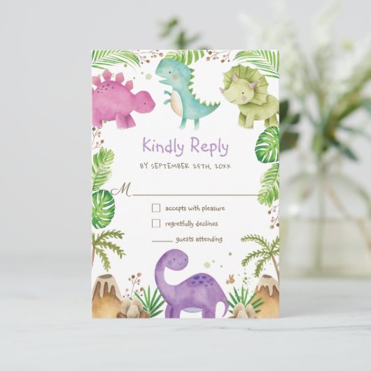 可愛いフレンドリー恐竜の赤ちゃんシャワー1st誕生日 出欠カード (スタンド正面)