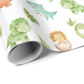 可愛いフレンドリー恐竜Tレックスグリーンオレンジブルー ラッピングペーパー (ロールコーナー)