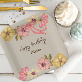 可愛いフローラかわいらしフラワーピンクボウ誕生日パーティー ペーパープレート