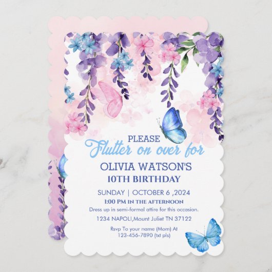 可愛いフローラが蝶の上にフラッター誕生日 招待状 (正面/裏面)