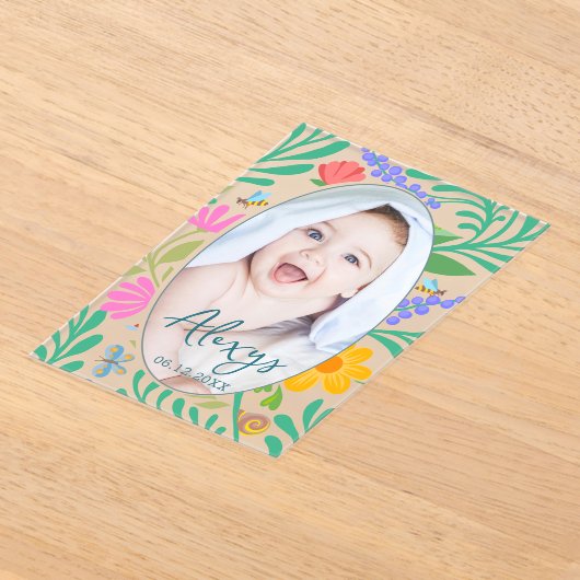 可愛いフローラカラフル写真の誕生発表の追加 アクリル招待状 (レイダウン)