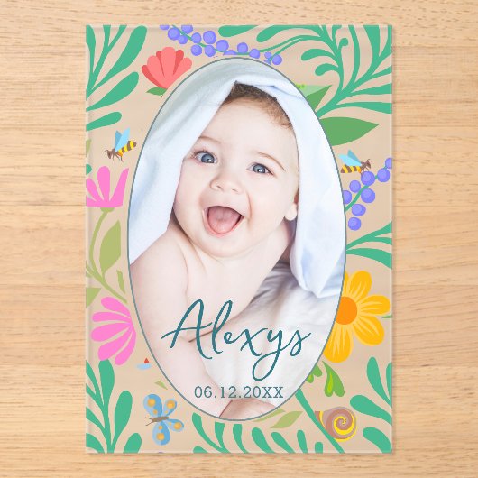 可愛いフローラカラフル写真の誕生発表の追加 アクリル招待状 (正面)