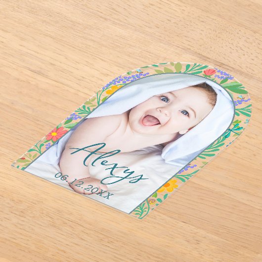 可愛いフローラカラフル写真の誕生発表の追加 アクリル招待状 (レイダウン)