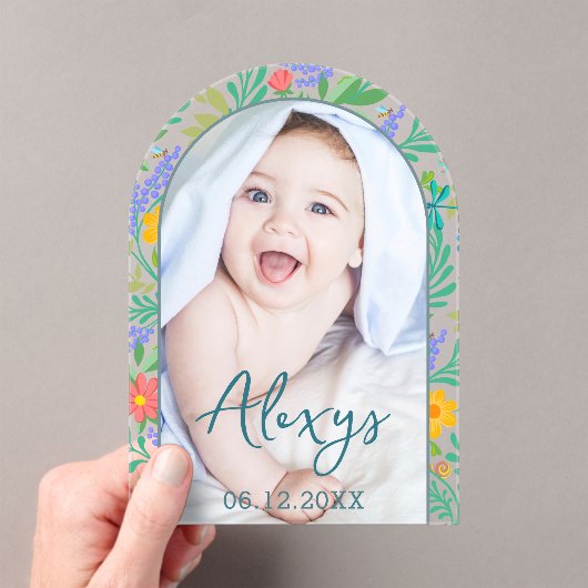 可愛いフローラカラフル写真の誕生発表の追加 アクリル招待状 (インサイチュ (ポータブル))