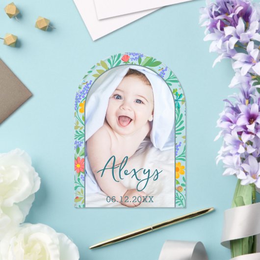 可愛いフローラカラフル写真の誕生発表の追加 アクリル招待状 (インサイチュ (ウェディング))