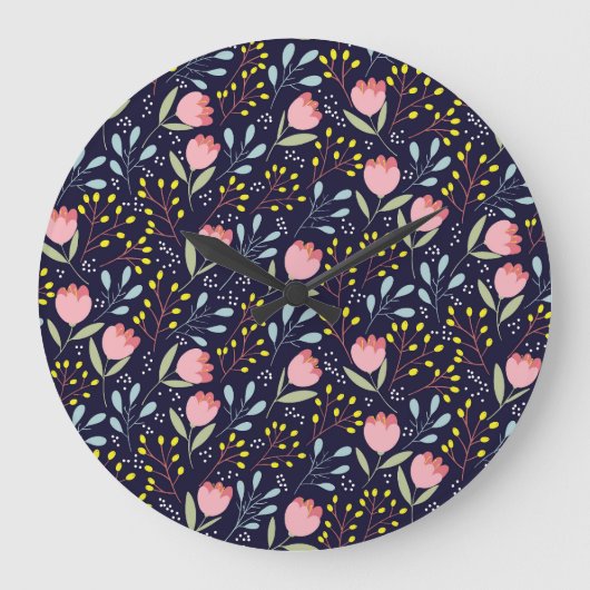 可愛いフローラカラフル：花柄。 ラージ壁時計 (正面)