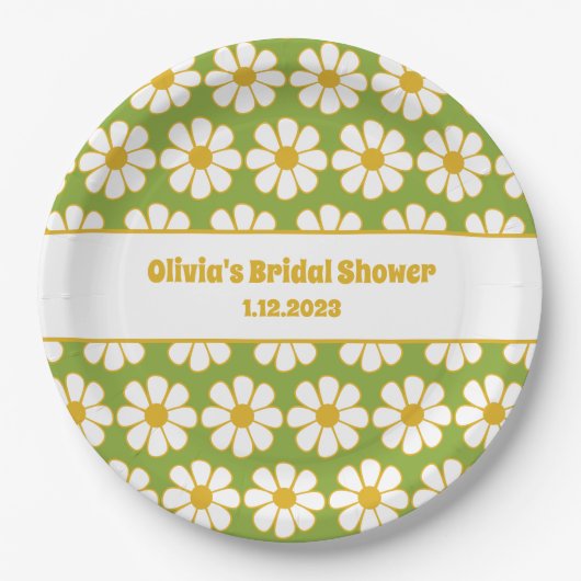 可愛いフローラデイジーパターンマスタードとグリーン ペーパープレート (正面)