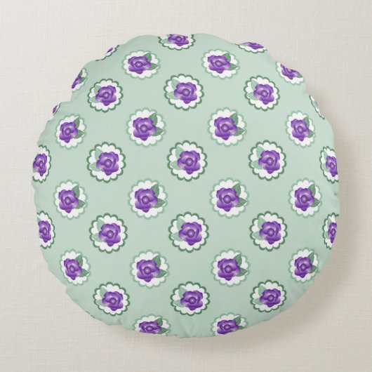 可愛いフローラパープルグリーンカリコパターン ラウンドクッション (正面)