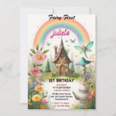 可愛いフローラピンクの女の子の妖精の最初の誕生日 招待状 (正面)