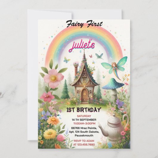 可愛いフローラピンクの女の子の妖精の最初の誕生日 招待状 (正面)