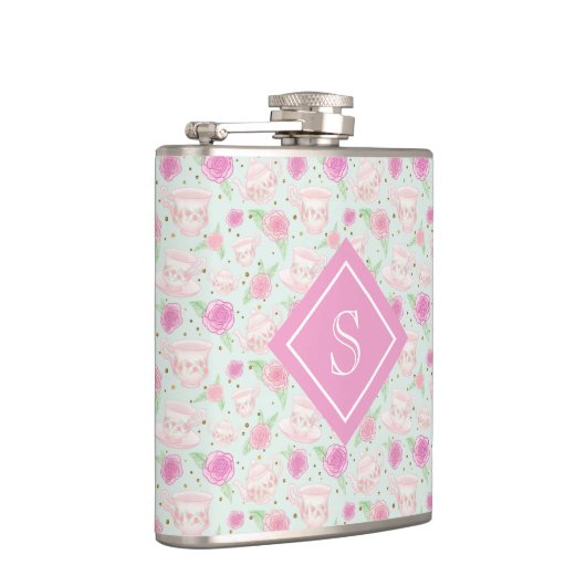 可愛いフローラピンクティーカップパターンモノグラム フラスク (右)
