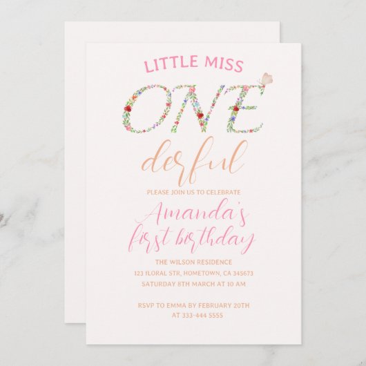 可愛いフローラファースト誕生日リッ恋しく思トワンダーフル 招待状 (正面/裏面)