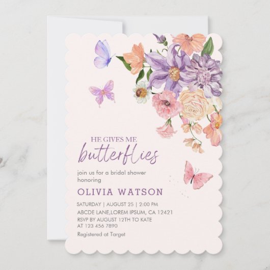 可愛いフローラ彼与え私蝶ブライダルシャワー 招待状 (正面)