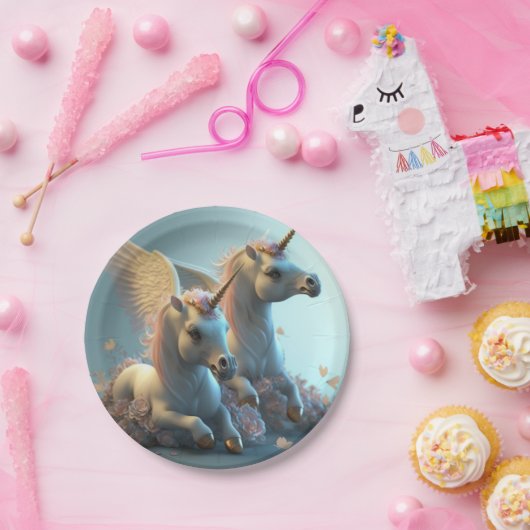 可愛いフローラ飛んでいるユニコーン小さなポニー紙プラ ペーパープレート (パーティー)