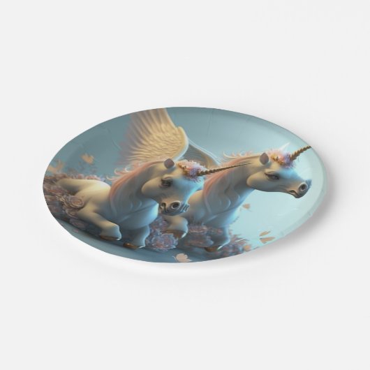 可愛いフローラ飛んでいるユニコーン小さなポニー紙プラ ペーパープレート (アングル)