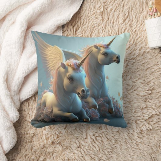 可愛いフローラ飛んでいるユニコーン小さなポニー クッション (ブランケット)