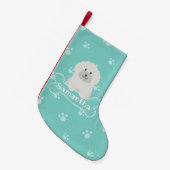 可愛いフワフワ白ポードルパピードッグラバーモノグラム スモールクリスマスストッキング (正面 (吊り時))