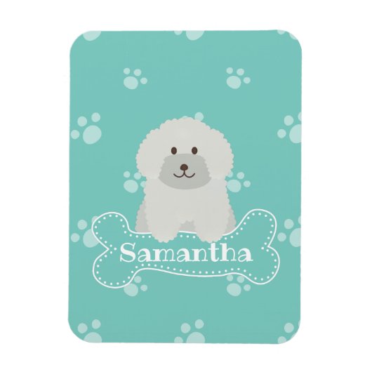 可愛いフワフワ白ポードルパピードッグラバーモノグラム マグネット (縦)