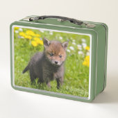 可愛いフワフワ赤キツネキットCub野生の赤ちゃん動物写真 メタルランチボックス (裏面)