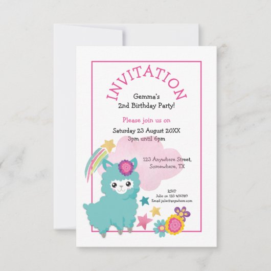 可愛いフワフワLlama幼い子供の誕生日パーティーピンク 招待状 (正面)