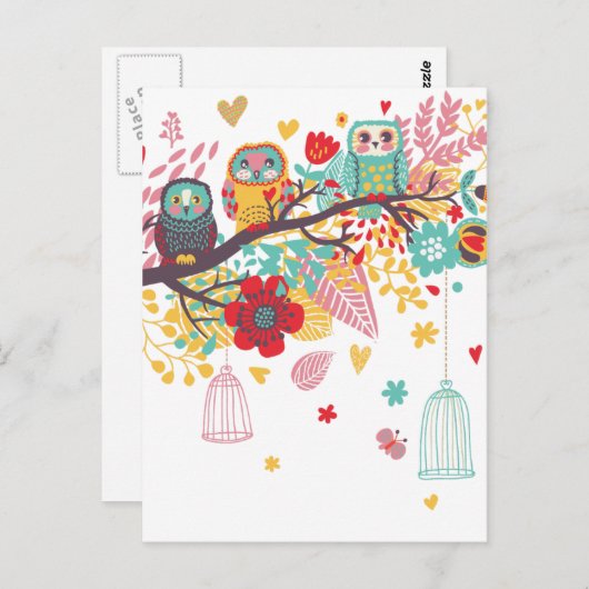 可愛いフールとカラフルフローラ画像の背景 ポストカード (正面/裏面)