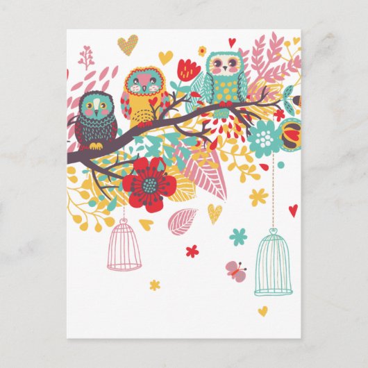 可愛いフールとカラフルフローラ画像の背景 ポストカード (正面)