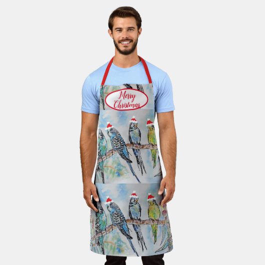 可愛いブジーブジーズ鳥のクリスマス エプロン (着用した状態)