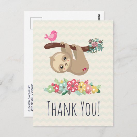 可愛いブラウンぶら下がったナマケモノの裏返しありがとう ポストカード (正面/裏面)
