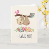 可愛いブラウンぶら下がったナマケモノの逆さありがとう カード (黄色い花)