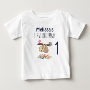 可愛いブラウンぶら下がったナマケモノの逆さ1歳の誕生日 ベビーTシャツ