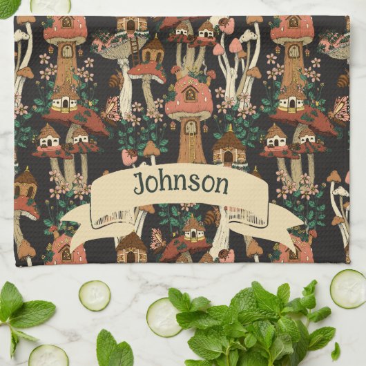 可愛いブラックコテージコアフローラキノコ型 キッチンタオル (折り畳み)