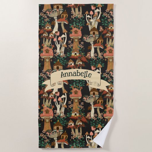 可愛いブラックコテージコアフローラキノコ型 ビーチタオル (正面)