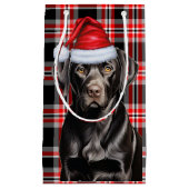 可愛いブラックラボクリスマス犬と赤い格子模様 スモールペーパーバッグ (正面)