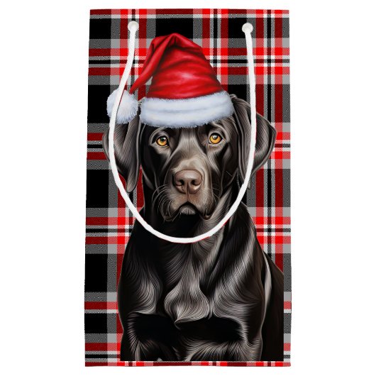 可愛いブラックラボクリスマス犬と赤い格子模様 スモールペーパーバッグ (正面)