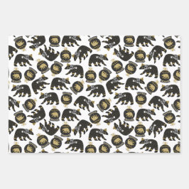 可愛いブラック&金ゴールドクリスマスパターンs ラッピングペーパーシート